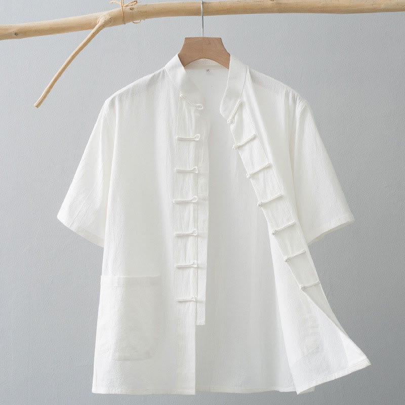 Chemise à manches courtes en coton et lin pour homme, costume chinois à boutons de grenouille , Buddha Stones, vêtements avec poches - Blanc - US/UK/AU44，EU54 (4XL) - image 0