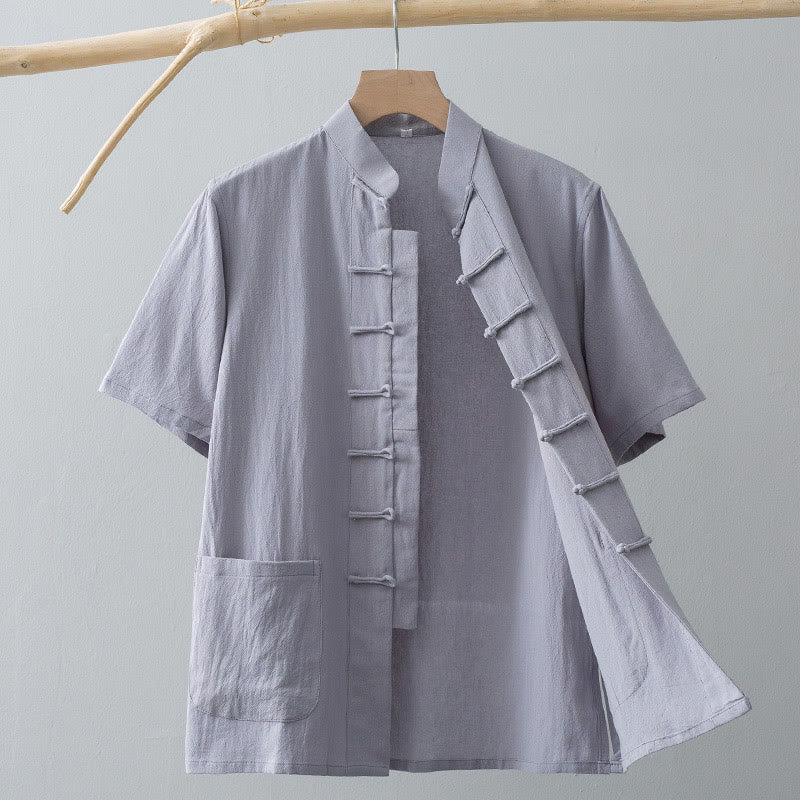 Chemise à manches courtes en coton et lin pour homme, costume chinois à boutons de grenouille , Buddha Stones, vêtements avec poches - Gris clair - US/UK/AU44，EU54 (4XL) - image 9