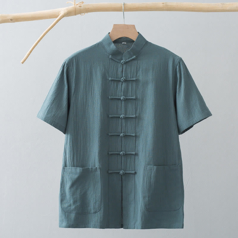 Chemise à manches courtes en coton et lin pour homme, costume chinois à boutons de grenouille , Buddha Stones, vêtements avec poches - image 9
