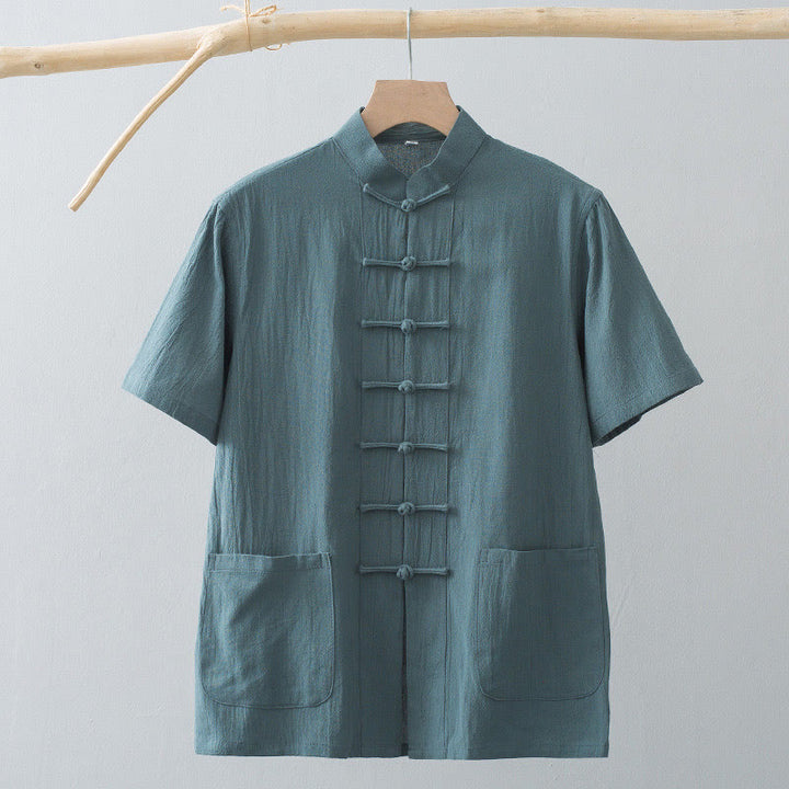 Chemise à manches courtes en coton et lin pour homme, costume chinois à boutons de grenouille , Buddha Stones, vêtements avec poches - image 9