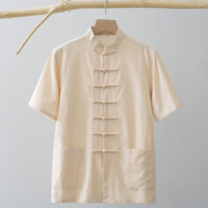 Chemise à manches courtes en coton et lin pour homme, costume chinois à boutons de grenouille , Buddha Stones, vêtements avec poches - image 13