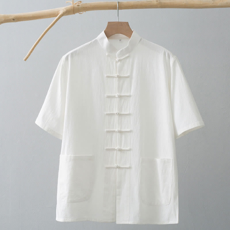 Chemise à manches courtes en coton et lin pour homme, costume chinois à boutons de grenouille , Buddha Stones, vêtements avec poches - image 1