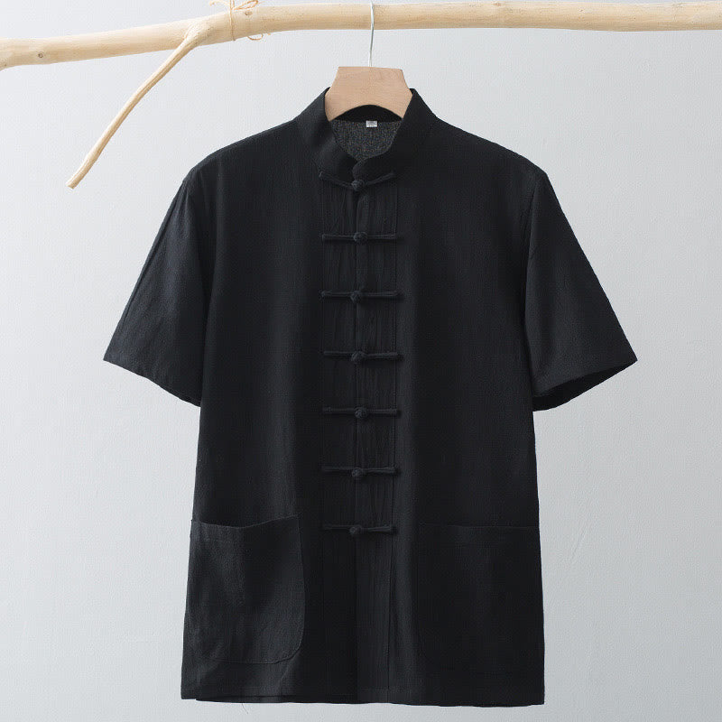 Chemise à manches courtes en coton et lin pour homme, costume chinois à boutons de grenouille , Buddha Stones, vêtements avec poches - image 17