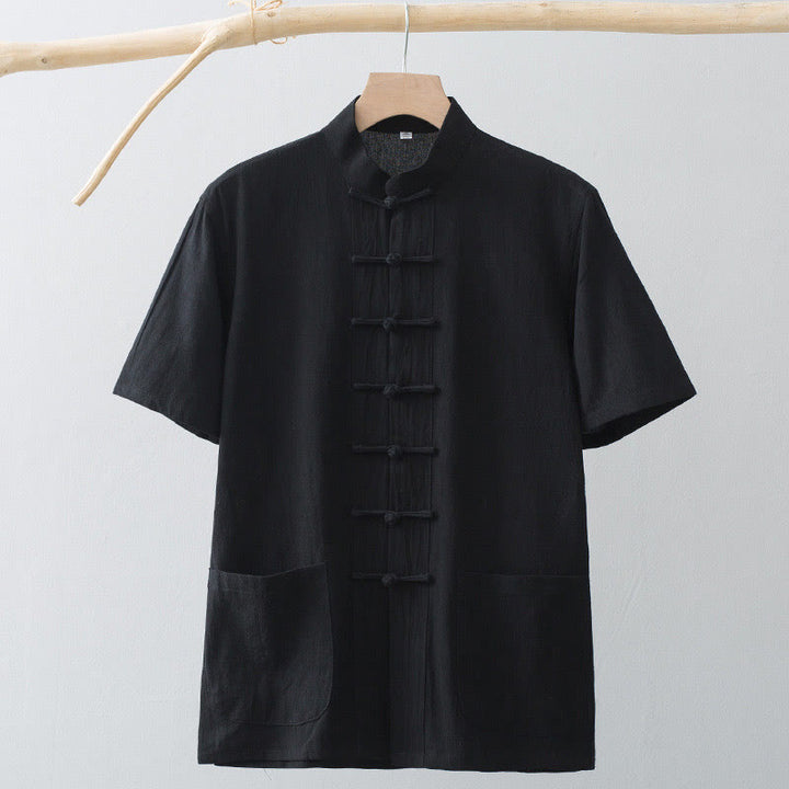 Chemise à manches courtes en coton et lin pour homme, costume chinois à boutons de grenouille , Buddha Stones, vêtements avec poches - image 17