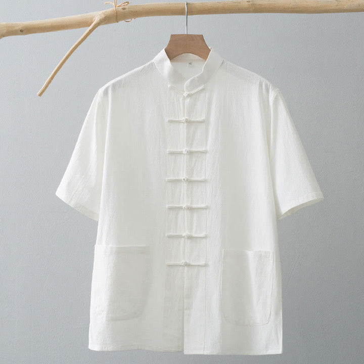 Chemise à manches courtes en coton et lin pour homme, costume chinois à boutons de grenouille , Buddha Stones, vêtements avec poches - image 2