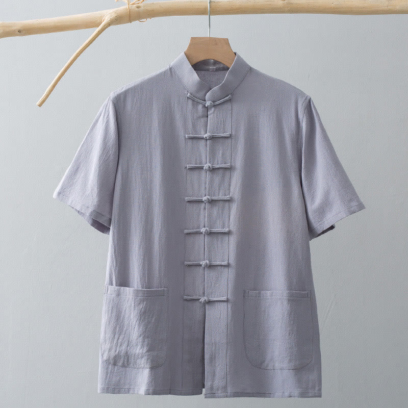 Chemise à manches courtes en coton et lin pour homme, costume chinois à boutons de grenouille , Buddha Stones, vêtements avec poches - image 11
