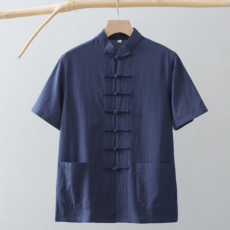 Chemise à manches courtes en coton et lin pour homme, costume chinois à boutons de grenouille , Buddha Stones, vêtements avec poches - image 15