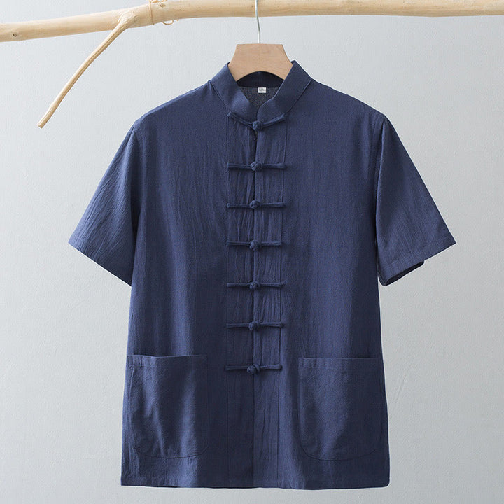 Chemise à manches courtes en coton et lin pour homme, costume chinois à boutons de grenouille , Buddha Stones, vêtements avec poches - image 15