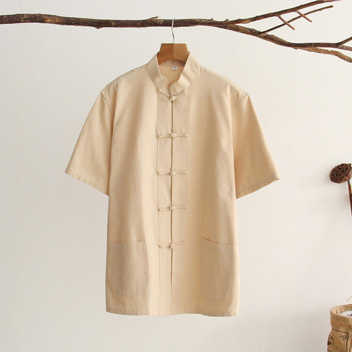 Chemise en coton à manches courtes et poches pour homme avec boutons de grenouille et Buddha Stones - Bisque - US/UK/AU44，EU54 (4XL) - image 11