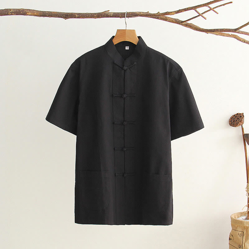 Chemise en coton à manches courtes et poches pour homme avec boutons de grenouille et Buddha Stones - Noir - US/UK/AU44，EU54 (4XL) - image 18
