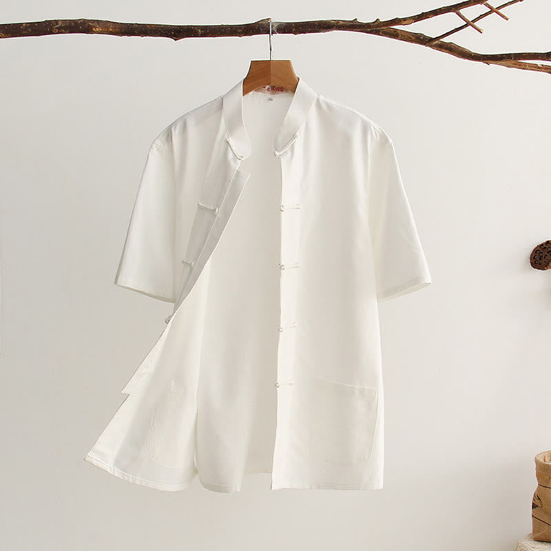 Chemise en coton à manches courtes et poches pour homme avec boutons de grenouille et Buddha Stones - Blanc - US/UK/AU44，EU54 (4XL) - image 1