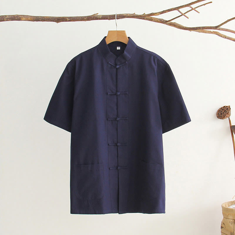 Chemise en coton à manches courtes et poches pour homme avec boutons de grenouille et Buddha Stones - Bleu nuit - US/UK/AU44，EU54 (4XL) - image 13