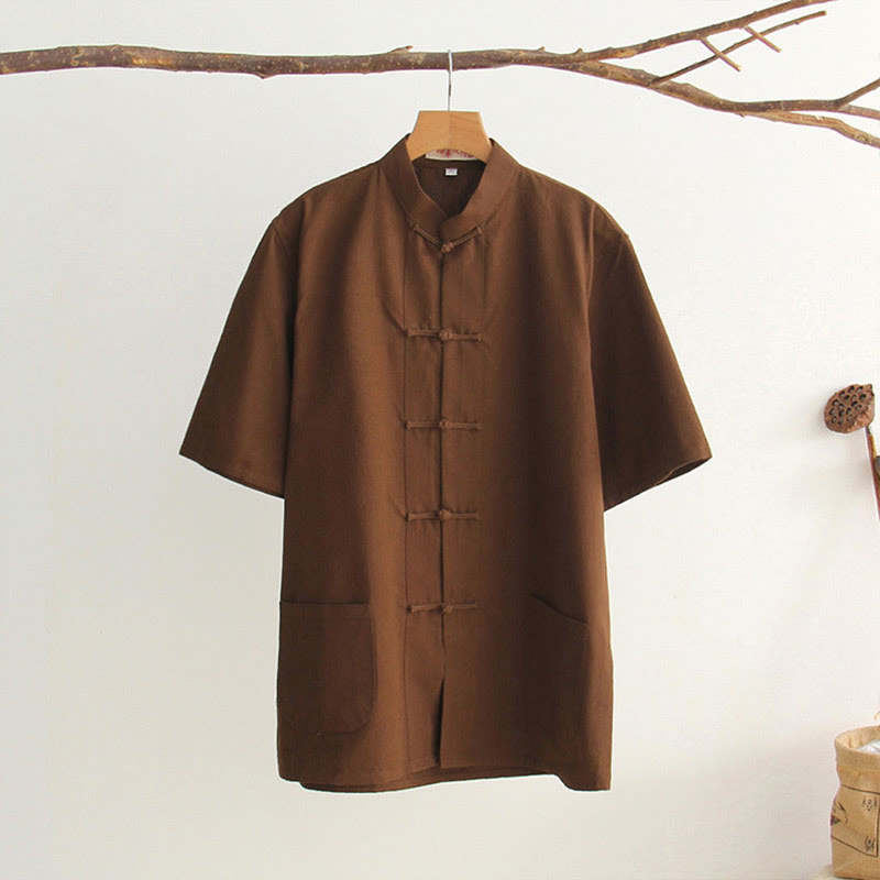 Chemise en coton à manches courtes et poches pour homme avec boutons de grenouille et Buddha Stones - SaddleBrown - US/UK/AU44，EU54 (4XL) - image 22