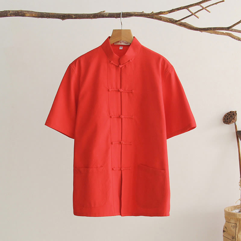 Chemise en coton à manches courtes et poches pour homme avec boutons de grenouille et Buddha Stones - OrangeRouge - US/UK/AU44，EU54 (4XL) - image 14
