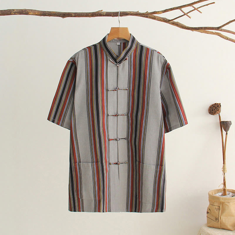 Chemise en coton à manches courtes et poches pour homme avec boutons de grenouille et Buddha Stones - Gris foncé - US/UK/AU44，EU54 (4XL) - image 24