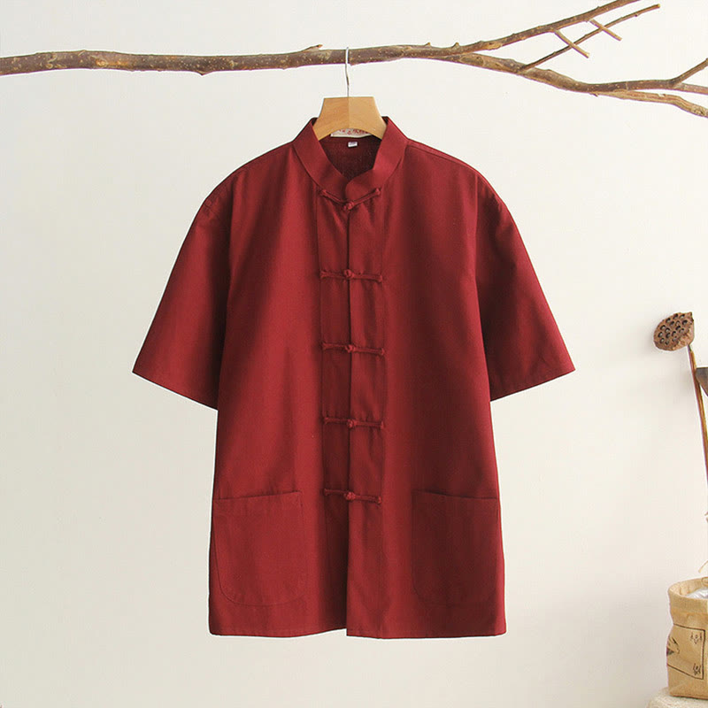 Chemise en coton à manches courtes et poches pour homme avec boutons de grenouille et Buddha Stones - Rouge indien - US/UK/AU44，EU54 (4XL) - image 16