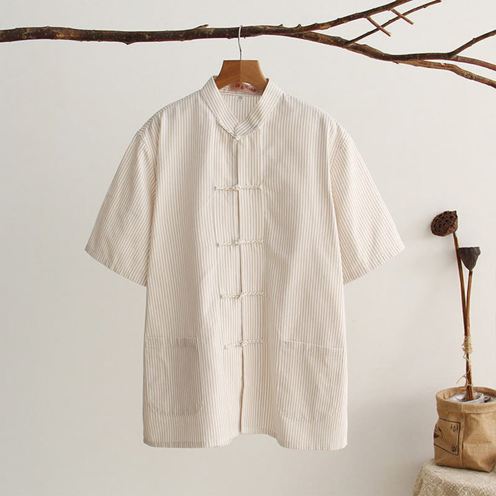 Chemise en coton à manches courtes et poches pour homme avec boutons de grenouille et Buddha Stones - Lin - US/UK/AU44，EU54 (4XL) - image 20