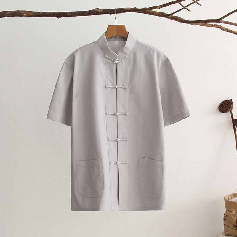 Chemise en coton à manches courtes et poches pour homme avec boutons de grenouille et Buddha Stones - Gris clair - US/UK/AU44，EU54 (4XL) - image 8