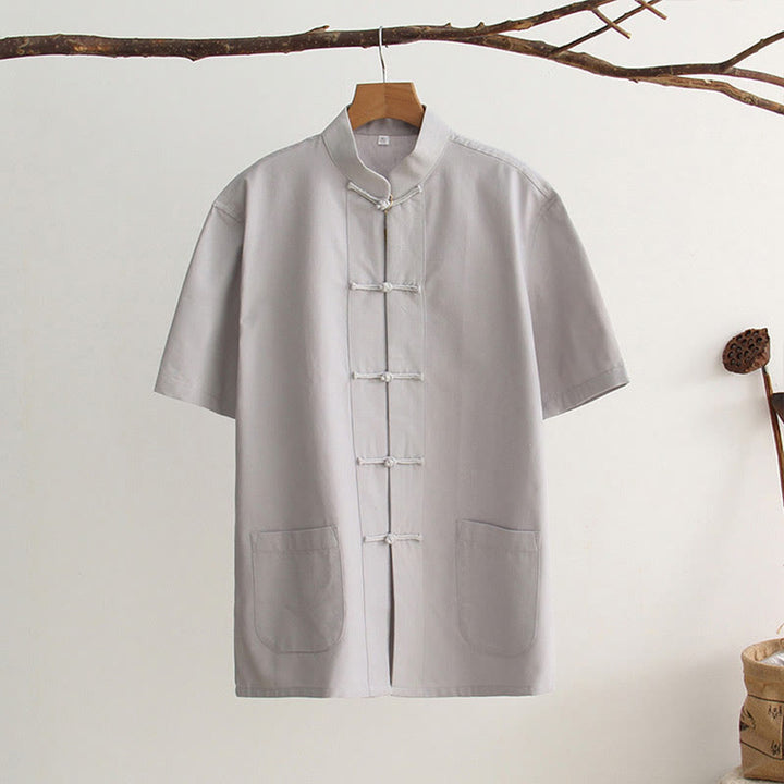 Chemise en coton à manches courtes et poches pour homme avec boutons de grenouille et Buddha Stones - Gris clair - US/UK/AU44，EU54 (4XL) - image 8