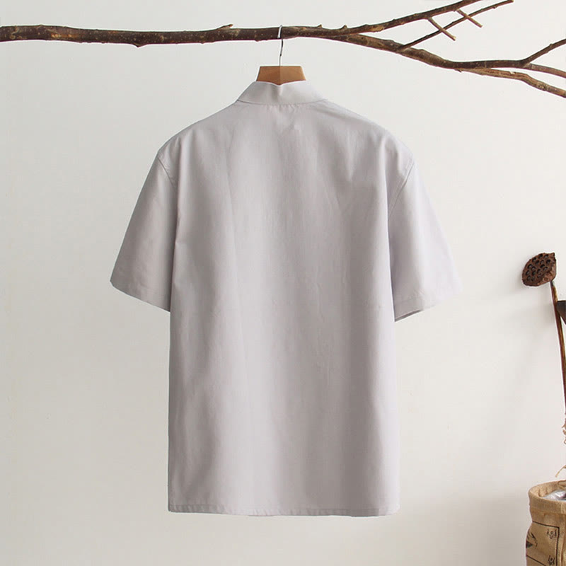 Chemise en coton à manches courtes et poches pour homme avec boutons de grenouille et Buddha Stones - image 9