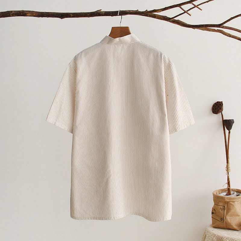 Chemise en coton à manches courtes et poches pour homme avec boutons de grenouille et Buddha Stones - image 21