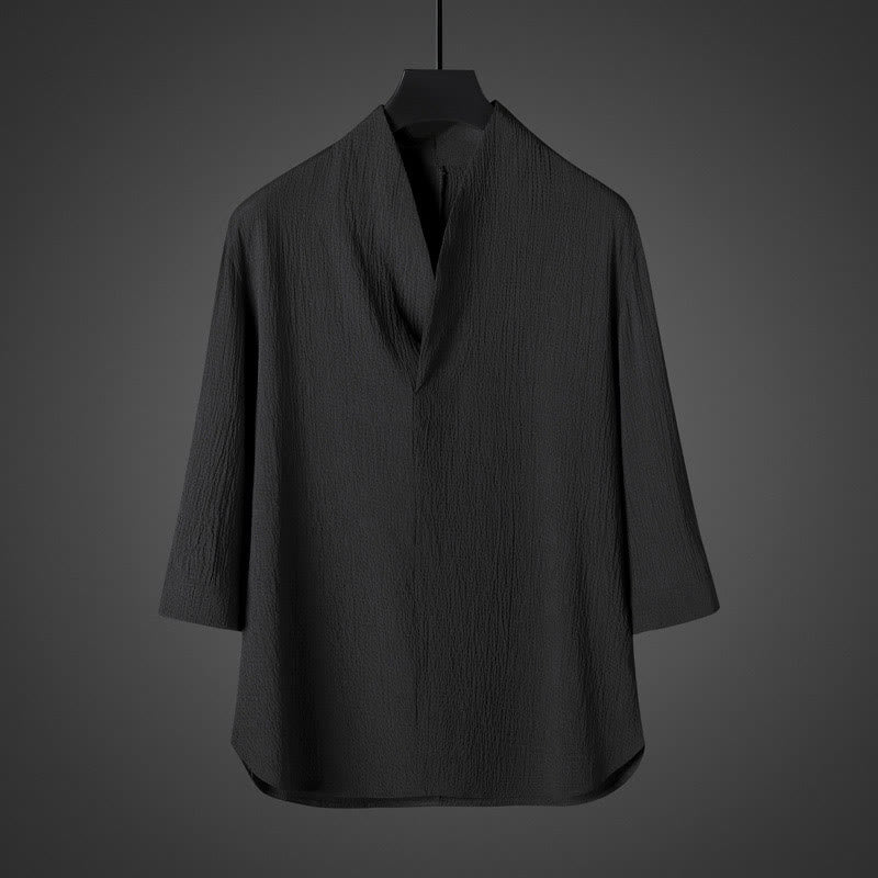 Chemise décontractée à col en V et manches trois-quarts en lin pour homme avec Buddha Stones