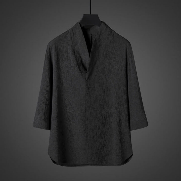 Chemise décontractée à col en V et manches trois-quarts en lin pour homme avec Buddha Stones
