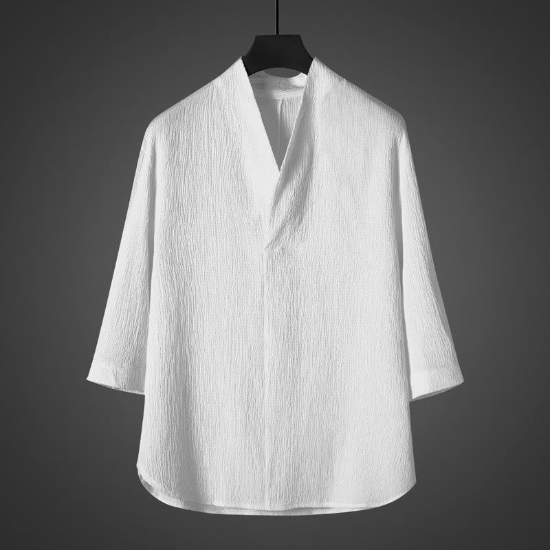 Chemise décontractée à col en V et manches trois-quarts pour homme avec Buddha Stones - Blanc - US/UK/AU46，EU56 (5XL) - image 0