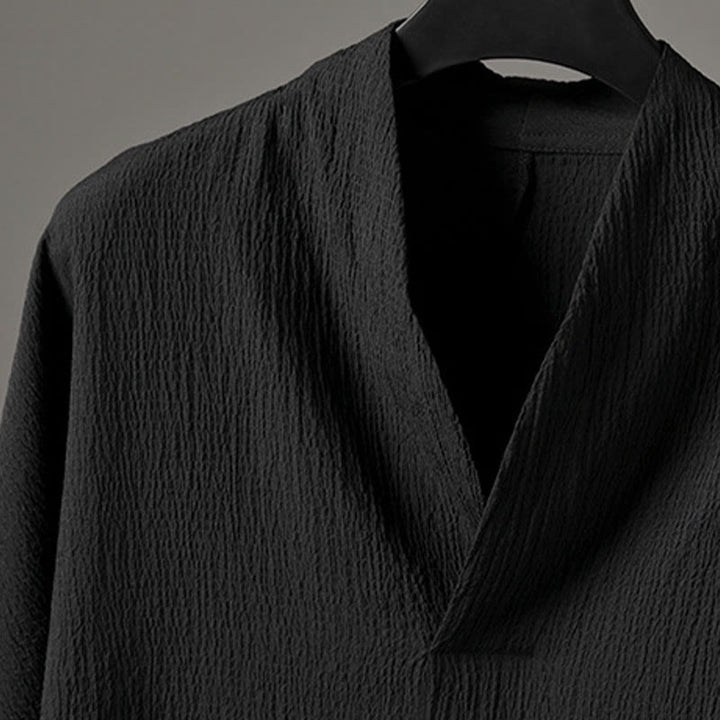 Chemise décontractée à col en V et manches trois-quarts en lin pour homme avec Buddha Stones
