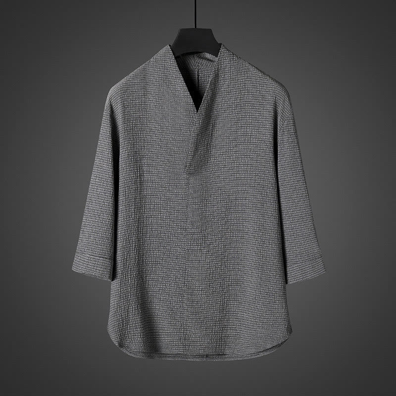 Chemise décontractée à col en V et manches trois-quarts en lin pour homme avec Buddha Stones