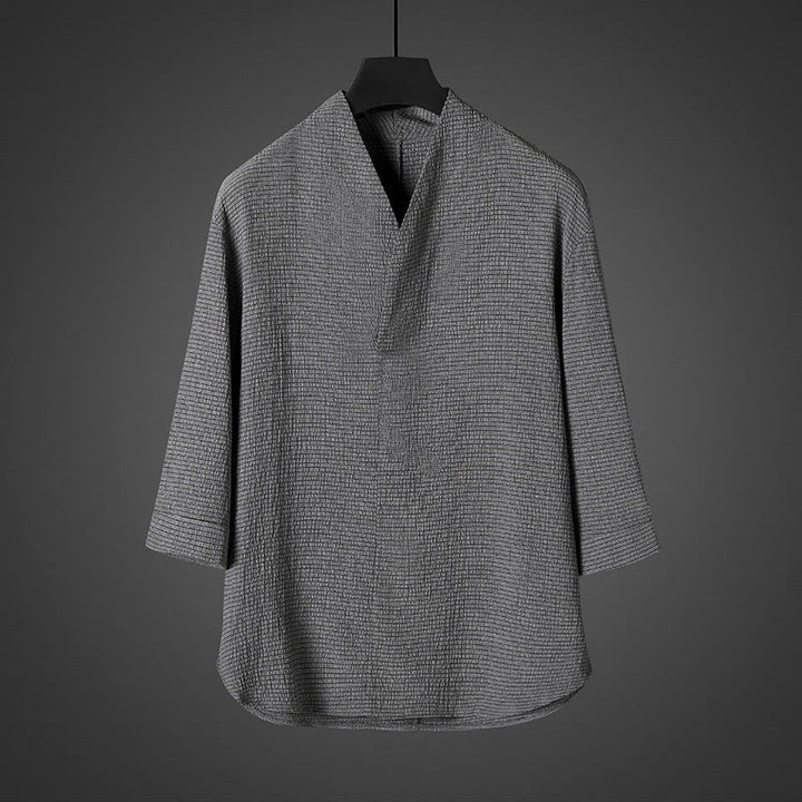Chemise décontractée à col en V et manches trois-quarts en lin pour homme avec Buddha Stones