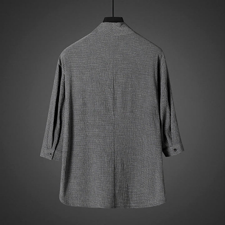 Chemise décontractée à col en V et manches trois-quarts en lin pour homme avec Buddha Stones