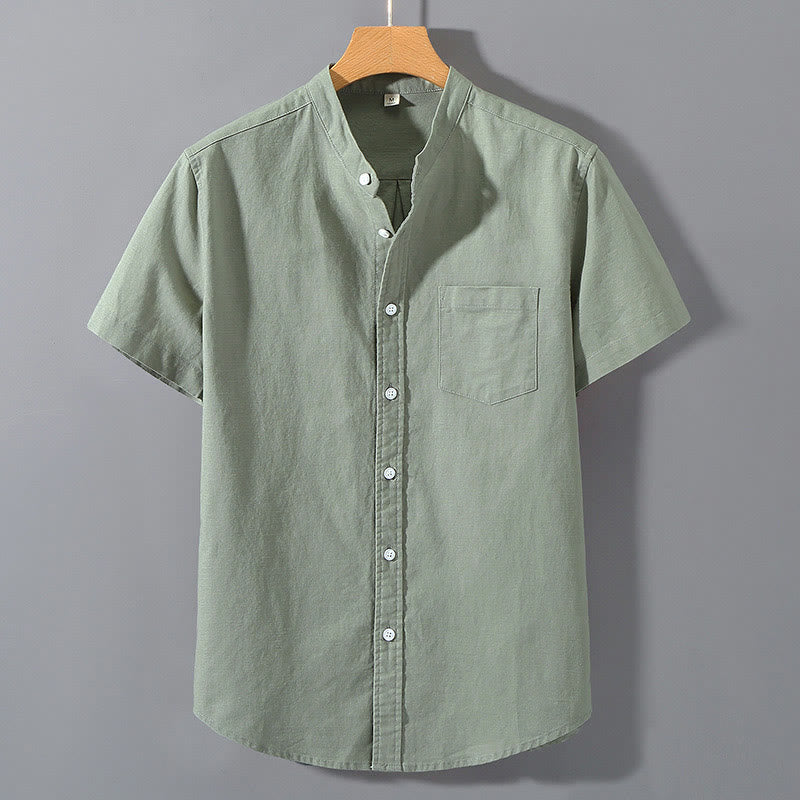 Chemise d'été en coton et lin à manches courtes et boutons pour homme Buddha Stones - Vert foncé - US/UK/AU42，EU52 (3XL)  - image 0