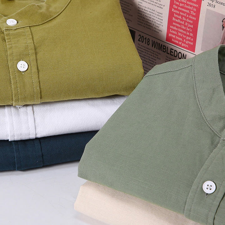 Chemise d'été en coton et lin à manches courtes et boutons pour homme Buddha Stones