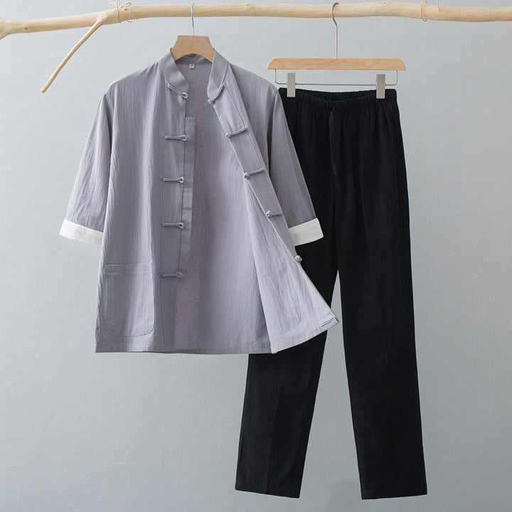 Costume Tang traditionnel à boutons de grenouille Buddha Stones, haut à manches mi-longues en coton, pantalon, vêtements pour hommes - Haut gris et pantalon noir - US/UK/AU44，EU54 (4XL)  - image 7