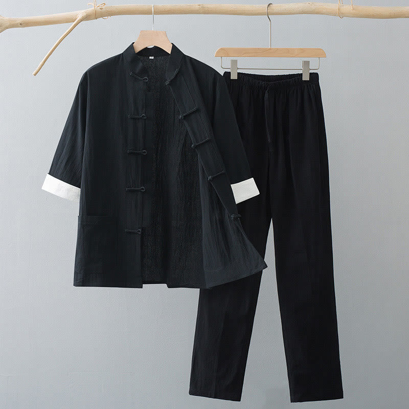 Costume Tang traditionnel à boutons de grenouille Buddha Stones, haut à manches mi-longues en coton, pantalon, vêtements pour hommes - Haut noir et pantalon noir - US/UK/AU44，EU54 (4XL)  - image 9