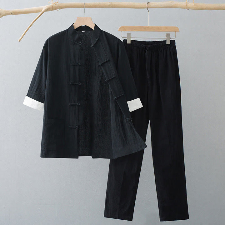 Costume Tang traditionnel à boutons de grenouille Buddha Stones, haut à manches mi-longues en coton, pantalon, vêtements pour hommes - Haut noir et pantalon noir - US/UK/AU44，EU54 (4XL)  - image 9
