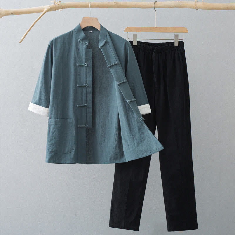 Costume Tang traditionnel à boutons de grenouille Buddha Stones, haut à manches mi-longues en coton, pantalon, vêtements pour hommes - Haut vert et pantalon noir - US/UK/AU44，EU54 (4XL)  - image 0