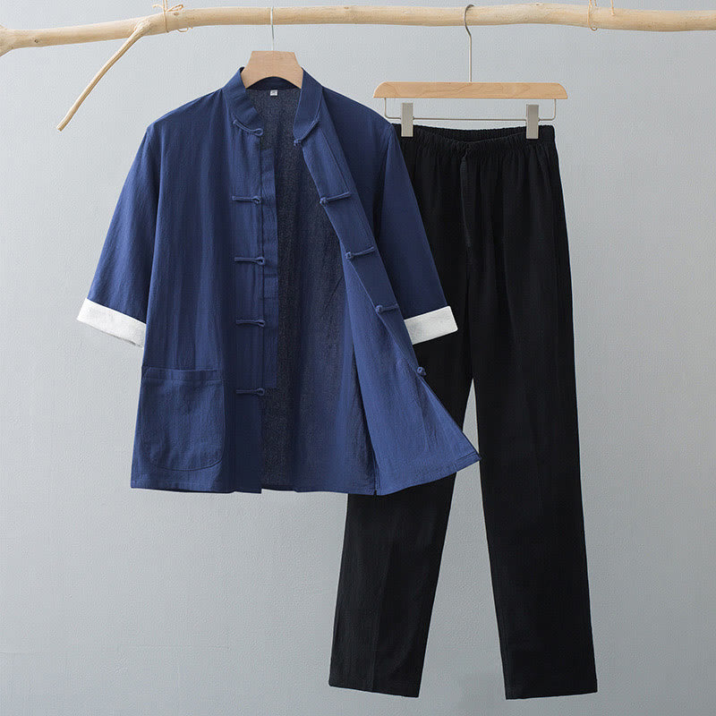 Costume Tang traditionnel à boutons de grenouille Buddha Stones, haut à manches mi-longues en coton, pantalon, vêtements pour hommes - Haut bleu marine et pantalon noir - US/UK/AU44，EU54 (4XL)  - image 8