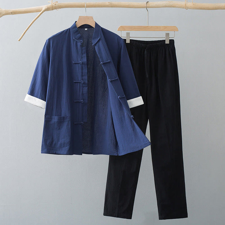 Costume Tang traditionnel à boutons de grenouille Buddha Stones, haut à manches mi-longues en coton, pantalon, vêtements pour hommes - Haut bleu marine et pantalon noir - US/UK/AU44，EU54 (4XL)  - image 8