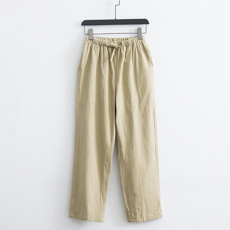 Pantalon décontracté en coton et lin de couleur unie pour homme Buddha Stones avec cordon de serrage et poches - PapayaWhip - US/UK/AU44，EU54 (4XL)  - image 0