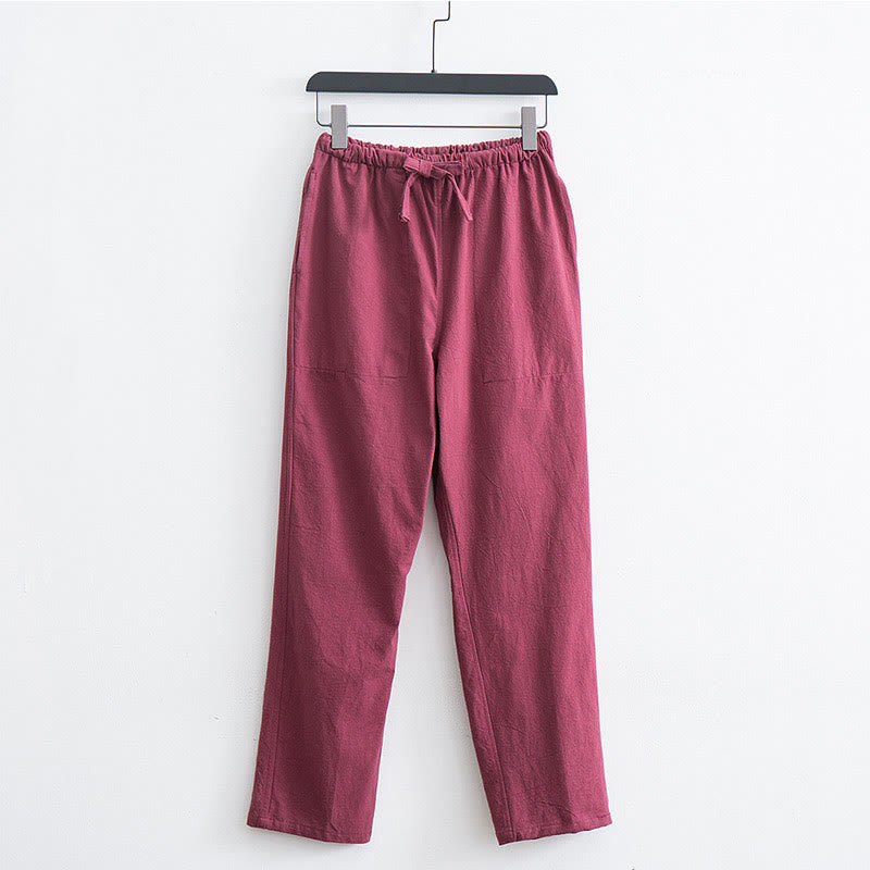Pantalon décontracté en coton et lin de couleur unie pour homme Buddha Stones avec cordon de serrage et poches - Corail clair - US/UK/AU44，EU54 (4XL)  - image 11