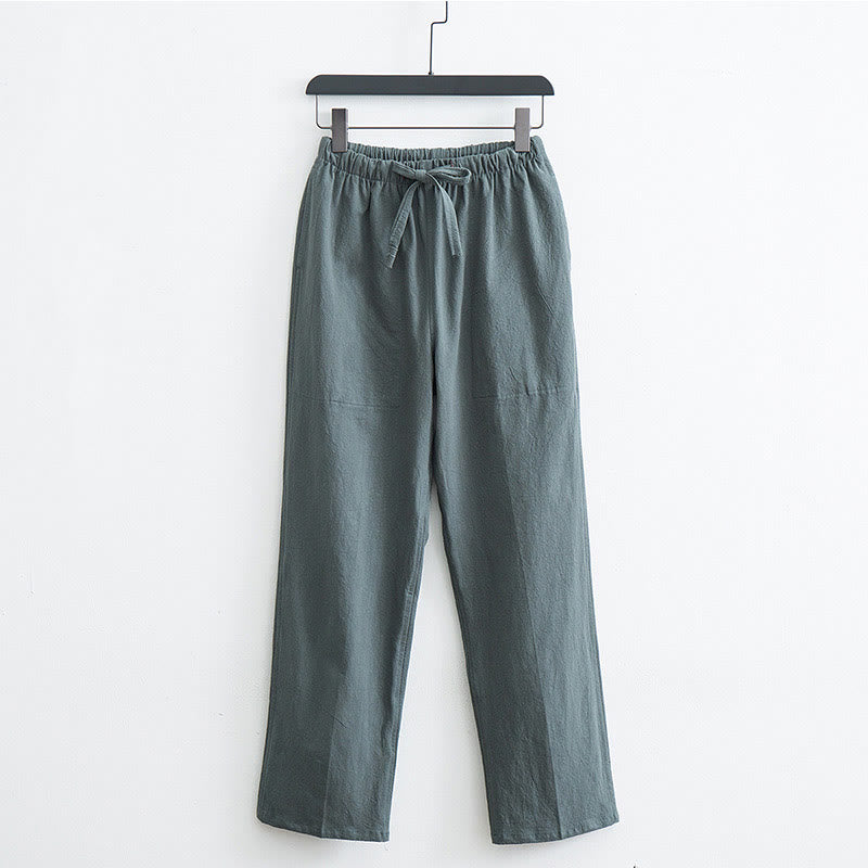 Pantalon décontracté en coton et lin de couleur unie pour homme Buddha Stones avec cordon de serrage et poches - Vert foncé - US/UK/AU44，EU54 (4XL)  - image 11