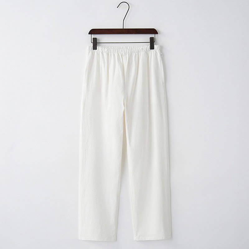Pantalon décontracté en coton et lin de couleur unie pour homme Buddha Stones avec cordon de serrage et poches - Blanc - US/UK/AU44，EU54 (4XL)  - image 10