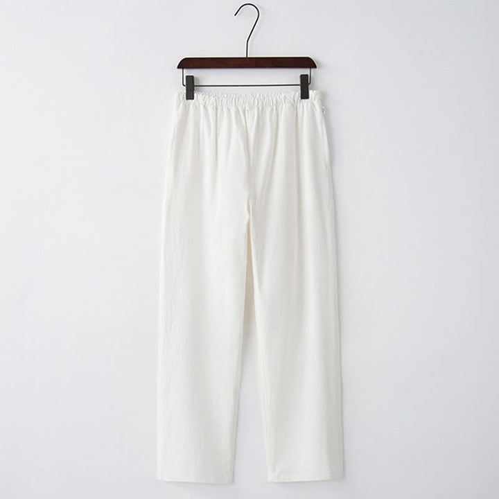 Pantalon décontracté en coton et lin de couleur unie pour homme Buddha Stones avec cordon de serrage et poches - Blanc - US/UK/AU44，EU54 (4XL)  - image 10