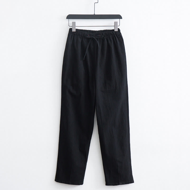 Pantalon décontracté en coton et lin de couleur unie pour homme Buddha Stones avec cordon de serrage et poches - Noir - US/UK/AU44，EU54 (4XL)  - image 1