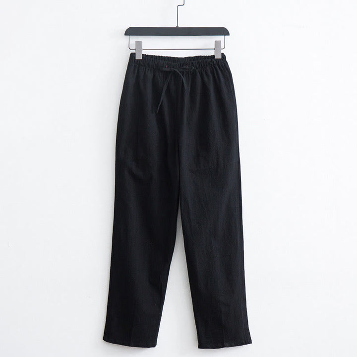 Pantalon décontracté en coton et lin de couleur unie pour homme Buddha Stones avec cordon de serrage et poches - Noir - US/UK/AU44，EU54 (4XL)  - image 1