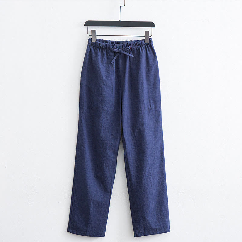 Pantalon décontracté en coton et lin de couleur unie pour homme Buddha Stones avec cordon de serrage et poches - SteelBlue - US/UK/AU44，EU54 (4XL)  - image 12