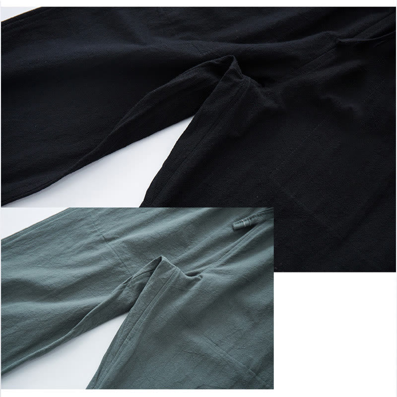 Pantalon décontracté en coton et lin de couleur unie pour homme Buddha Stones avec cordon de serrage et poches - image 7