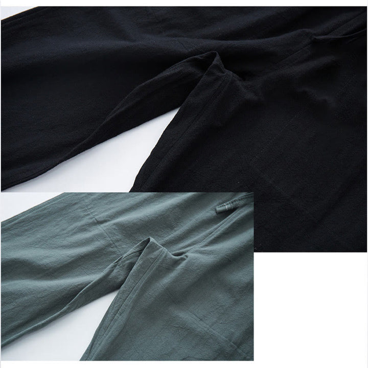 Pantalon décontracté en coton et lin de couleur unie pour homme Buddha Stones avec cordon de serrage et poches - image 7